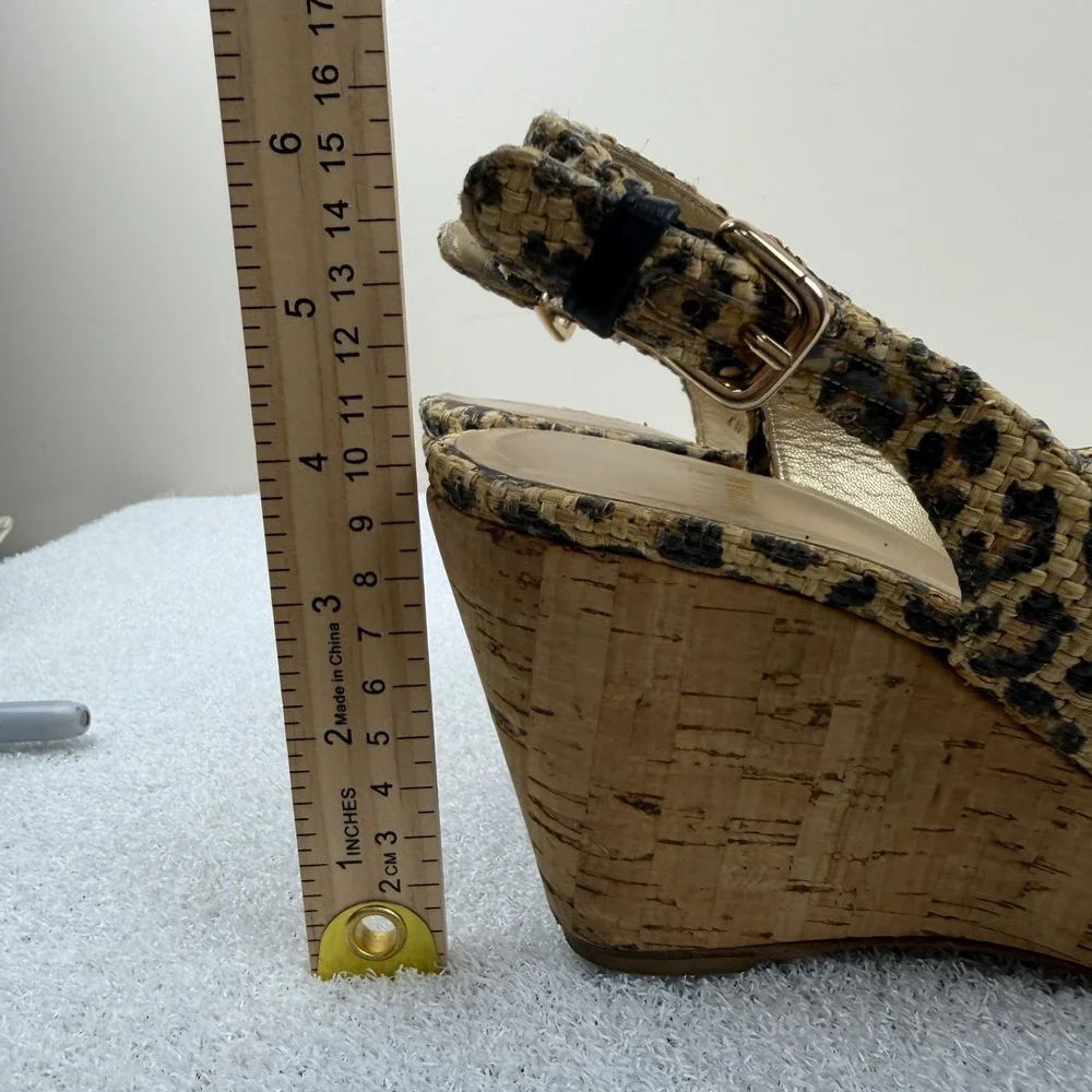 Stuart Weitzman Leopard Wedge Sandals‎ Womens Size 6.5 M Slingback Peep Toe Cork - Picture 8 of 8